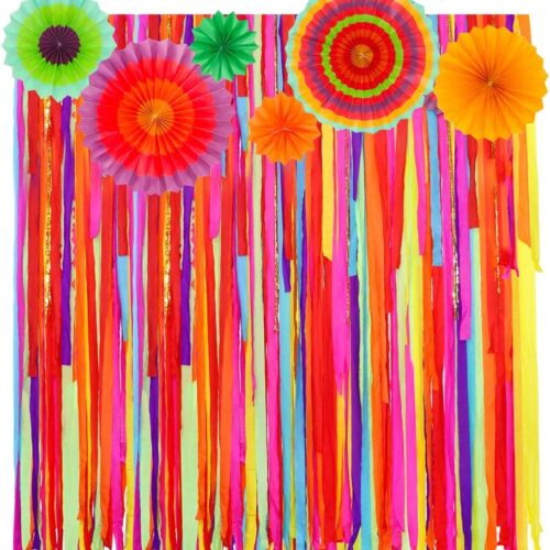 Mexican Fiesta Party Backdrop with Paper Fans, Mexican Cinco De Mayo Fiesta Party Decorations Streamer Backdrop for Wedding Bridal Baby Shower Birthday Taco Party Supplies