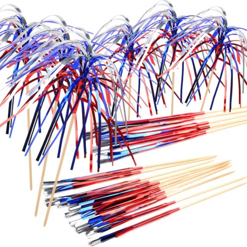 100pcs 4th of July Cocktail Picks,Patriotic Firework Bamboo Toothpicks Sticks for Appetizers Fruit Food Cake Independence Day Party Decoration Supply,Red White and Blue