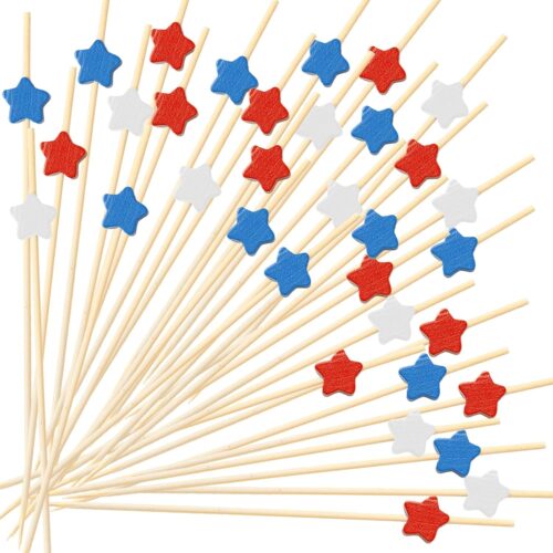100Pcs 4th of July Patriotic Cocktail Picks, Red White Blue Star Bamboo Toothpicks Cocktail Sticks for Appetizers Fruit Food Drink Cake Independence Day Birthday Party Decoration, 4.7Inch