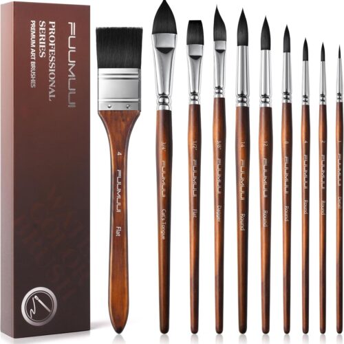 Watercolor Brushes Professional, Fuumuui 10Pcs Synthetic Squirrel Hair Paint Brush Set for Artists with Wide Flat, Round, Detail, Dagger, Cat's Tongue for Watercolor Gouache Inks Painting