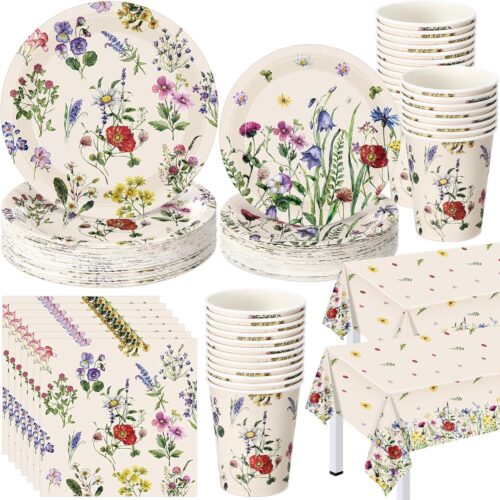 202 Pcs Wildflower Party Decoration Supplies Floral Paper Plates Napkins Cups Butterfly Wildflower Tablecloth for Spring Summer Birthday Wedding Mother's Day Party(Widflower 3,Retro)
