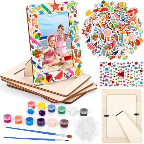 6 Packs Summer Picture Frame Painting Craft Kit with 50 Stickers Rhinestone Stickers Painting Tools Set 2 Brushes for DIY Kids Crafts Decorate