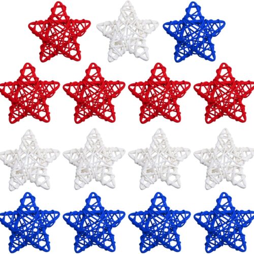 15 Pcs 4th of July Star Shaped Rattan Balls Decoration, 2.36 Inch Red White and Blue Star Shaped Wicker Balls for 4th of July Home Decor DIY Vase Bowl Filler Ornament Table Decoration