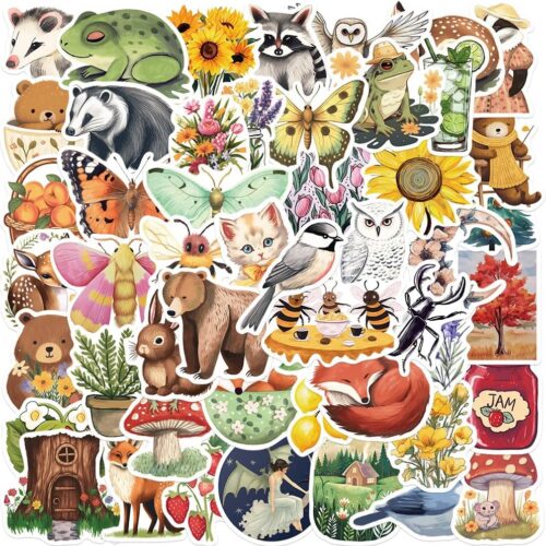 50Pcs Cute Forest Woodland Animal Stickers - Waterproof Vinyl Cottagecore Nature Jungle Stickers for Laptops,Water Bottle,Party Favors,Scrapbooks