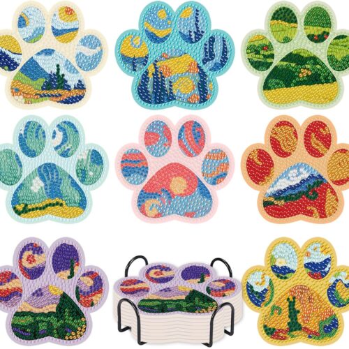 8 Pcs Diamond Art Coasters Kit for Adults with Holder,Dog Footprints Small Diamond Painting Coasters Kit with Cork Pad,Wooden Non-Slip Gem Art Painting 5D DIY Full Drill Dots Crafts Supplies, 4X4inch