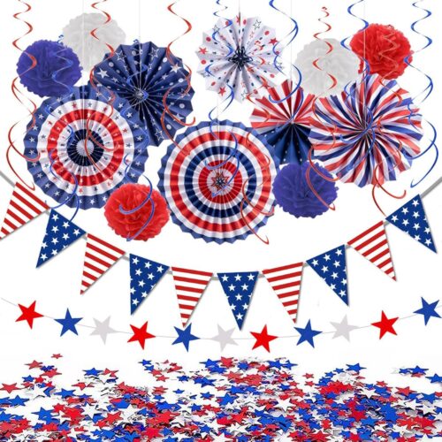 27PCS 4th of July Patriotic Party Decorations Set–Red White Blue Paper Fans, Star Pom Poms, USA Flag Pennant, Swirl Streamers for Memorial Day Home, Office Decor