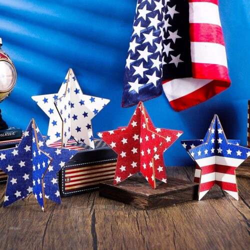 4 Sets Patriotic Table Centerpieces Memorial Day Wooden Stars Signs Red White Blue Fourth of July Tiered Tray Decor 3D Independence Day Wooden Table Decor Home Living Room Dining Decorations