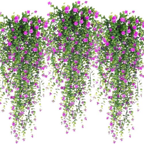 Artificial Hanging Flowers, 3 Pcs Fake Hanging Plants Spring Summer Decor, Artificial Vines for Outdoors, UV Resistant No Fade Artificial Plants Suitable for Indoor Decoration Outdoor Porch Courtyard