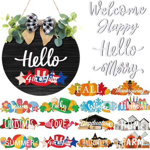 20 Pcs Interchangeable Welcome Sign for Front Door with 4 Sign and 14 Changeable Icons Farmhouse Front Porch Decor Rustic Wooden Door Decor Outdoor Seasonal Welcome Decorations(Black)