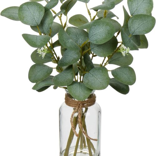 Artificial Eucalyptus Stems in Glass Vase with Faux Water, 14" Fake Plant Eucalyptus Leaves for Home Bathroom Office Farmhouse Wedding Centerpiece Décor
