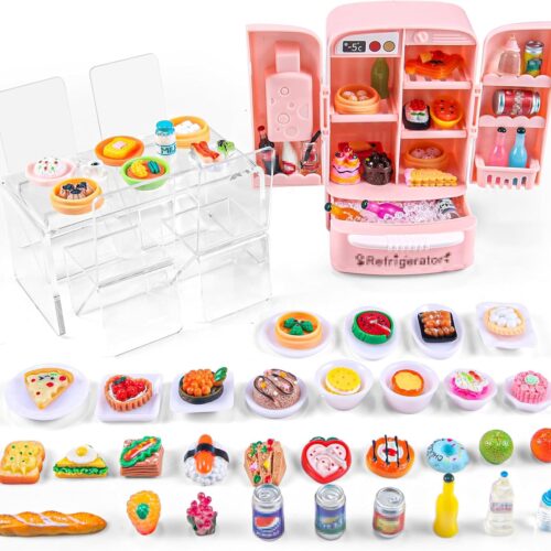 95 Pcs Dollhouse Refrigerator Mini Fridge Table Dining Car Toy with Food Set Kitchen Furniture Miniatures Party Fruits Juice Milk Desserts for Children Drink Cake Pretend Play Game Fake Ice Cubes