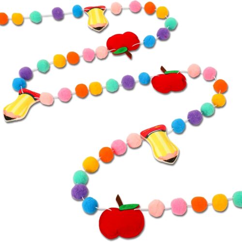 8.2 Feet Back to School Felt Banner, Cute 3D Apples Pencil Garland Colorful Pompom Hanging Banner for First Day of School Classroom Home Wall Decorations