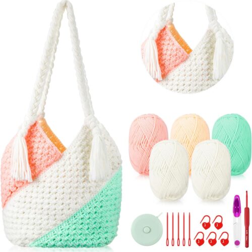 Crochet Bag Kit Crochet Kit for Beginners Starter Knitting Kit with Step-by-Step Video Tutorials Adult Crafts Projects Crochet Yarn, Crochet Hook for Crafting Gift