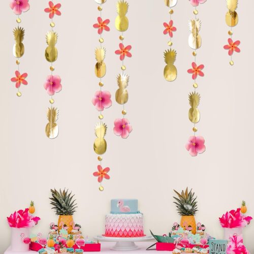 Tropical Party Decorations 2 Pack Hawaiian Garlands Gold Pink Flowers Pineapple Luau Streamers Aloha Birthday Banner Hanging Decor for Summer Backdrop Beach Baby Shower Party Supplies