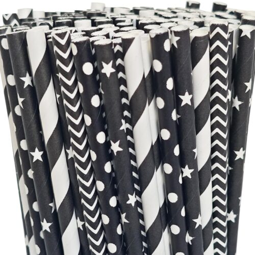 200 Black Straws, Biodegradable Black and White Paper Striped Straws for Birthdays, Coffee, Cocktail, Lemonade, DIY Decorations, Party Supplies, Weddings, New Year, Halloween, Christmas