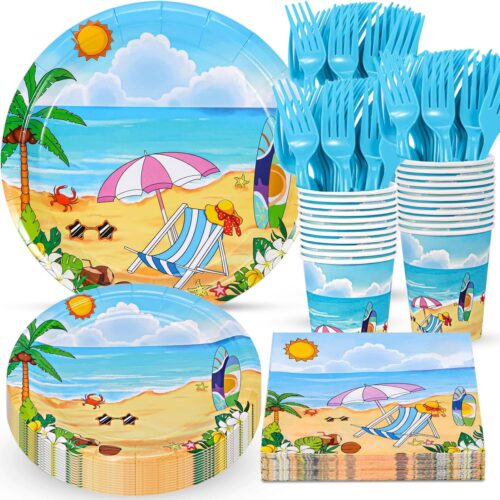 Beach Party Supplies, Beach Plates and Napkins Set, Disposable Beach Plates, Cups, Napkins and Cutlery for Birthday, Pool, Summer Party, Baby Shower, Beach Themed Party Decorations Serves 24
