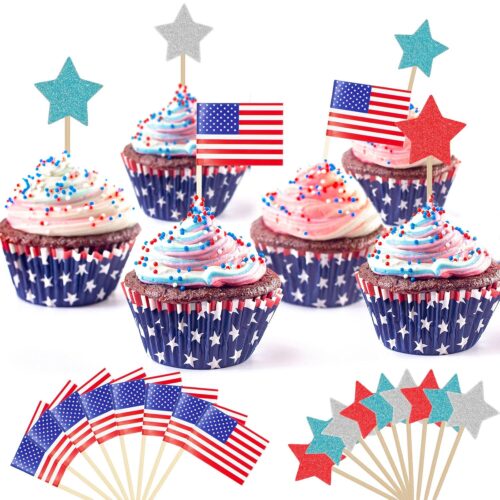 190 Pcs 4th of July Cupcake Toppers 100 American Flag Cupcake Toppers with 90 Glitter Star Cupcake Toppers Red White Blue Patriotic Cake Decorations for Independence, Veterans Day Party