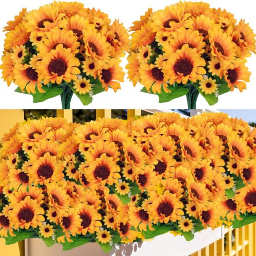 Artificial Sunflowers Silk Flower 6 Bundles Outdoor UV Resistant Fake Wildflowers Spring Decoration Faux Greenery Shrubs Plants for Home Indoor Outside Garden Vase Wedding Decor(Sunflower)
