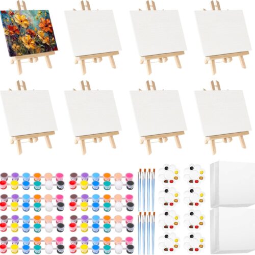 16 Pack 8 * 10In Canvas Boards for Painting with 8 PCS 11.8In Wood Easels & 16 Brushes & 8 Paint Trays & 16 Acrylic Paint, Mini Painting Canvas with Easel Set, Painting Kits for Adults & Kids Party