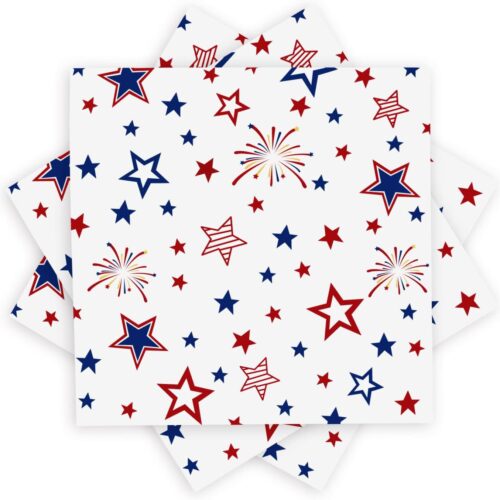50 Pack Patriotic Party Supplies Stars Firework Paper Napkins 4th of July Memorial Day Independence Day Holiday Kitchen Table Decoration, 6.5'' X 6.5'' Red, White,Blue.​