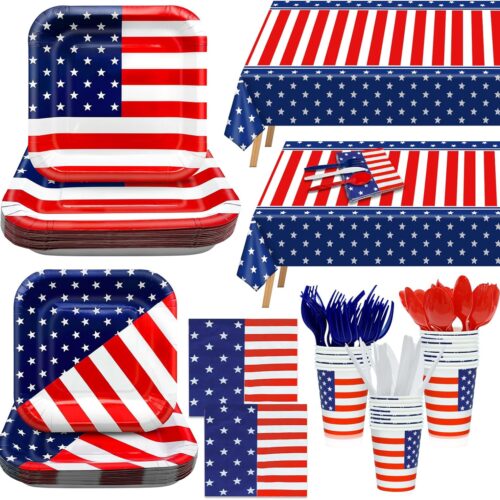 170 Pcs 4th of July Decorations American Flag Patriotic Party Supplies Serve 24, 4th of July Plates Napkins Cups Knives Forks Spoons Tablecloths Red White and Blue Decorations for Independence Day