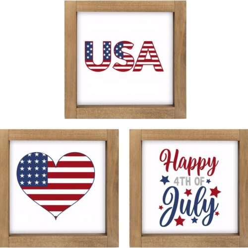 3pcs 4th Of July Sign, Wooden Patriotic Wall Art Decor With Wood Framed, Indoor Americana Red White And Blue Usa Happy Independence Day Table Shelf Decorations For Home