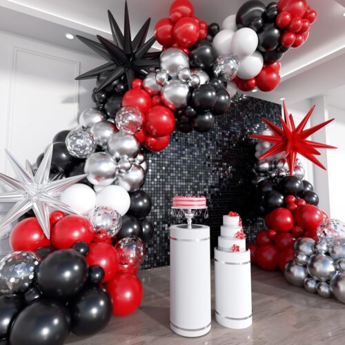 Red Black and White Balloon Arch Kit, 201Pcs Explosion Star Red Black White Silver Latex Balloon Garland kit, Different Size Balloons for Anniversary Birthday Racing Car Poker Party Decoration
