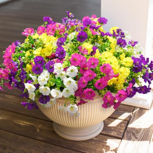 Artificial Faux Flowers Plants for Outdoor Outside Decoration, 12 Bundles Fake Silk Colorful Morning Glory UV Sun Resistant Look Real for Spring Summer Front Door Porch Patio Planter Yard Urn
