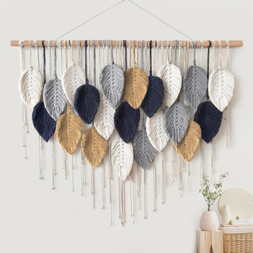 Large Macrame Wall Hanging, Boho Handmade Leaf Feather Bohemian Woven Tapestry, Chic Wall Art Home Decor for Bedroom Living Room Nursery Apartment Decorations(39" W x 29.5" L)