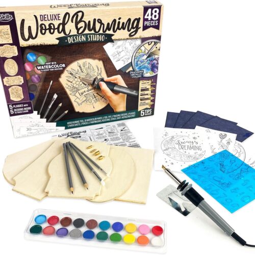 Wood Burning Kit for Beginners, Deluxe Pyrography Wood Engraving Art Set with Burner Pen, Stencils, Watercolor Paints, DIY Tools for Adults and Kids, 48 Pieces