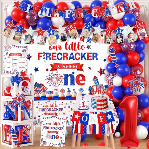 4th of July Birthday Decorations, Little Firecracker First Birthday Party Supplies Backdrop Balloon Box Cake Cupcake Topper Tablecloth for Baby Shower Memorial Day Independence Day Decorations