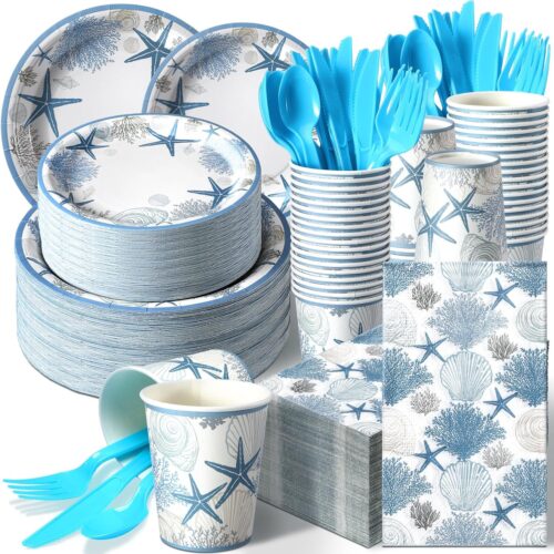 400 Pcs Summer Plates and Napkins Set Summer Paper Dinnerware Disposable Party Supplies for 50 Guest Dinnerware Knife Fork Spoon for Birthday Party(Blue,Beach)