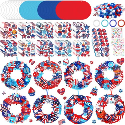 48 Sets 4th of July Craft Kits Patriotic DIY Wreath Signs Ornaments Decorations Sets Red White Blue USA Flag Foam Stickers for Independence Day Arts Activities Party Favors