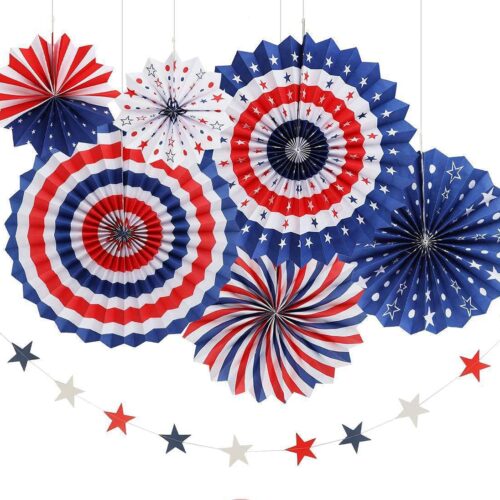 4th/Fourth of July Patriotic Party Decorations Set- Red White/Silver Blue Star Streamers and 6Pcs Red White Blue Hanging Paper Fans for American Independence Day Party Decor Supplies