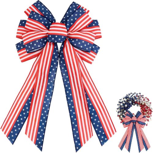 Large Patriotic Bow for Wreath, American Flag Bows for Front Door Decoration, 4th of July Wreath Decorations, Memorial Day Blue Bow Decor - Large Mailbox & Tree Topper Bow (Classic Patriotic)