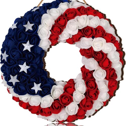 1 Pcs 4th of July Hanging Door Sign 2d Memorial Day Wreath Decorations Patriotic Door Hanger American Rustic Wooden Plaque for Wall Front Porch Farmhouse Decor (Rose Wreath)