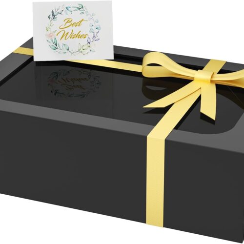Large Gift Box with Window, 13.5x9x4.3 In Black Gift Box for Presents Magnetic Lids Collapsible for Groomsmen Proposal, Birthday, Graduation, Christmas, Contains Card, Ribbon