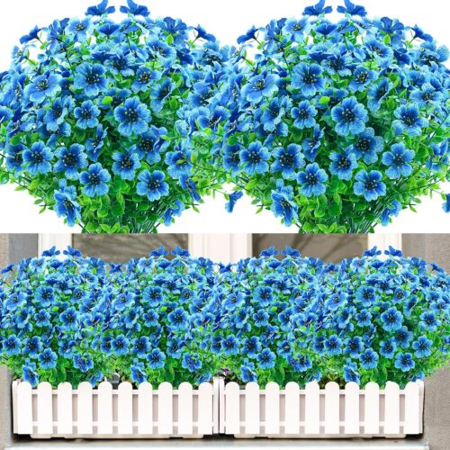 8 Bundles Artificial Outdoor UV Resistant Flowers No Fade Fake Outside Flowers Plastic Plants Faux Shrubs Garden Porch Window Box Home Decor(Blue)