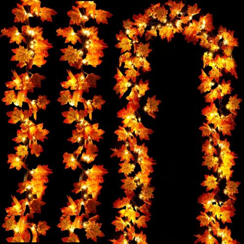 [ Timer & 3 Pack ]30Ft Fall Garland Fall Decorations for Home 60 LED Leafed Lights Patented Realistic Maples Leafed Battery Operated Autumn Fall Decor Thanksgiving Halloween Decorations Indoor Outdoor