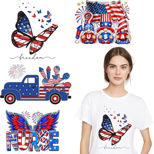 4 Sheets 4th of July Fireworks Heat Transfer Iron on Patches Independence Day Heat Transfer Vinyl Patriotic Butterfly Iron on Stickers for DIY Clothing T-Shirt Clothing Jacket Bag Decorations