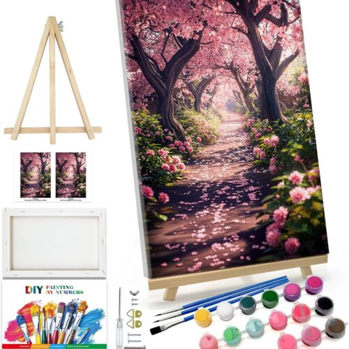 Paint by Numbers Kit for Adults Landscape Paint by Number with Frame DIY Cherry Blossom Paint by Number with Easel Flowers Paint by Numbers Kit on Canvas for Gift Home Wall Decor 7.87x11.81 Inch