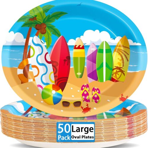 50 PCS Summer Surfing Oval Paper Plates Large 11” Disposable Beach Theme Party Decorations Pool Birthday Supplies Favor for Hawaiian Luau Tableware Set