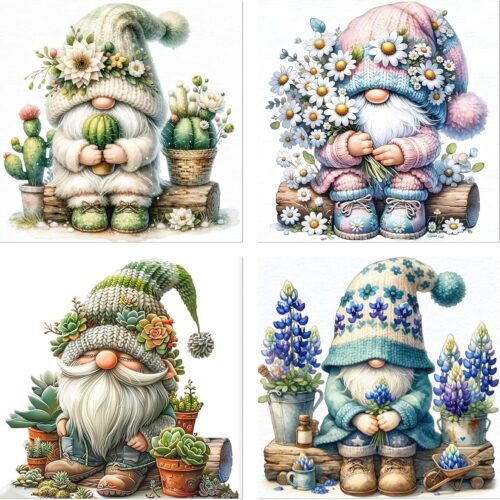 Diamond Art Kits for Adults, 4 Pack Spring Gnomes Diamond Painting Kits for Adults, 5D Round Full Drill Paint with Diamonds Gem Art Dots Crafts Painting Set for Home Wall Decor Gifts 12x12inch