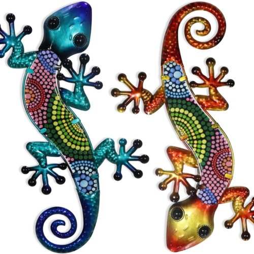Metal Gecko Wall Art 2 Pack 15 Inch Lizard Outdoor Decor Hanging Glass Sculpture Decoration for Garden Fence Home