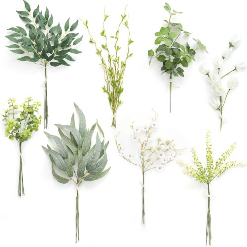 Artificial Greenery Spray Box Set(Pack of 50pcs) with 8 Kinds of DIY Wedding Bouquet Filler Table Centerpieces and Floral Arrangement (Spring Green)