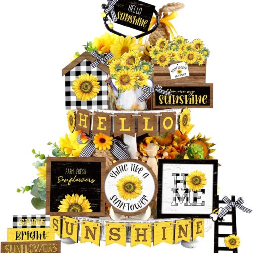 25 Pcs Sunflower Tiered Tray Decor Spring Decorations for Home Farmhouse Summer Decorative Trays Sunflower Wooden Sign Table Centerpieces for Home Kitchen Shelf supplies