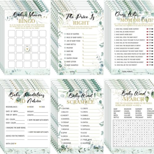 302 Pcs Greenery Eucalyptus Baby Shower Games 6 Games Activities for 50 Guests Include Baby Shower Bingo, Word Scramble, Word Search, Predictions and Advice, The Price is Right, Guess Who