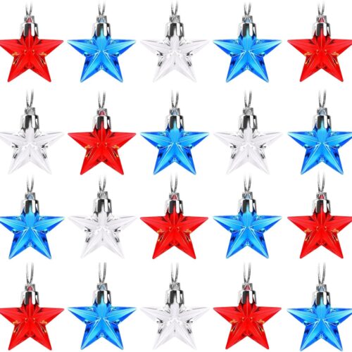 24 Pcs 4th of July Star Ornaments for Tree, Red White Blue Acrylic Hanging Stars 1.4 Inch Patriotic Ornaments for Independence Day Memorial Day Veteran Day Home Tree Decor