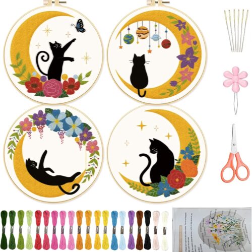 4 Pack Cat Moon Embroidery Kits for Beginners, DIY Starter Hand Embroidery Kit with Moon Floral Patterns and Instructions