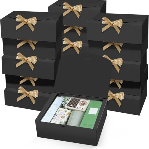 15 PCs Gift Boxes with Lids, Black 10X8X4 Inch Gift Boxes, Bridesmaid Proposal Box with Ribbon, Kraft Paper Boxes for Wedding, Packaging, Present, Birthday, Christmas, Party